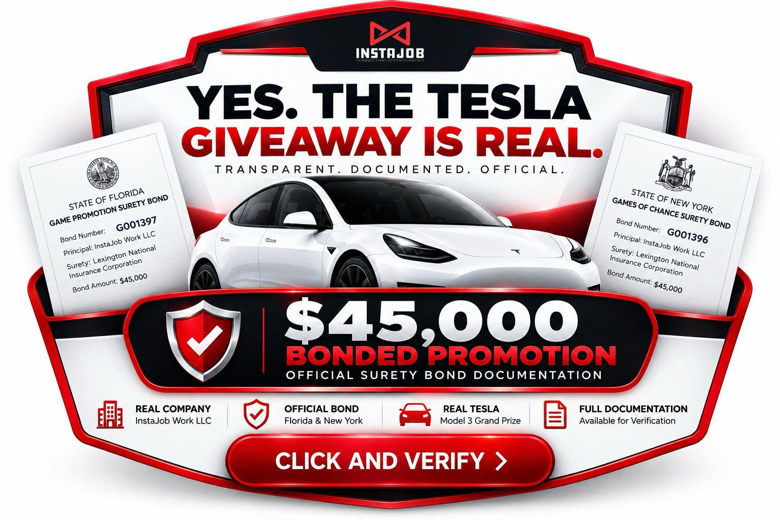 Yes. The Tesla giveaway is real — $45,000 bonded promotion. Click and verify.