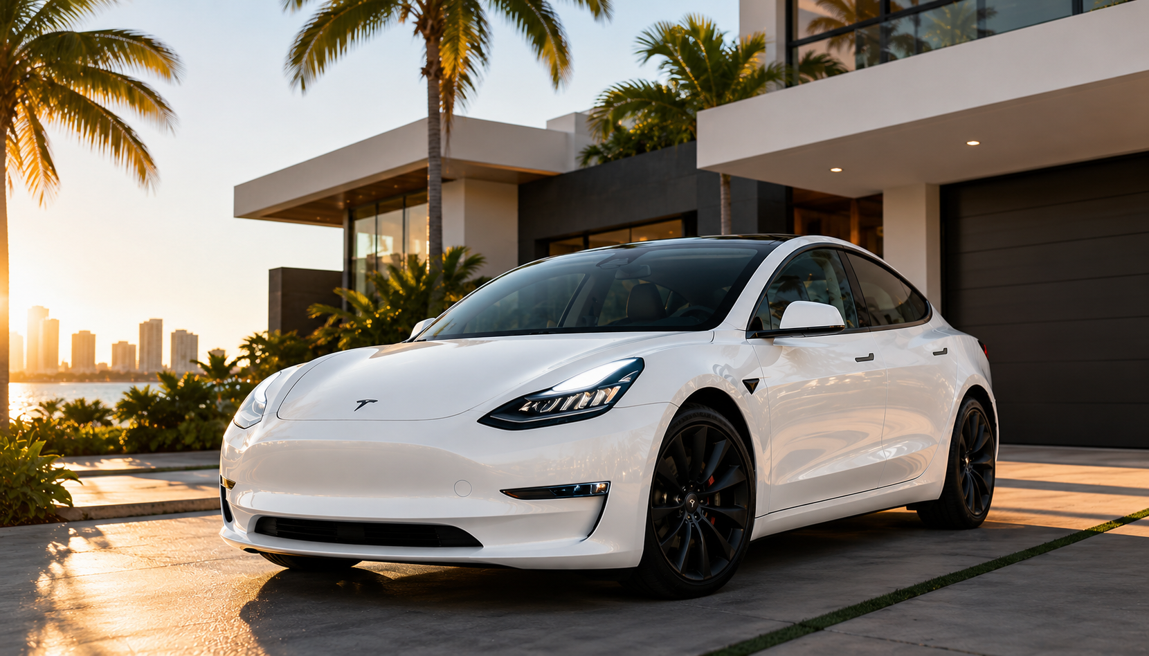 White Tesla Model 3 parked at a modern Miami home - Instajob Tesla Campaign