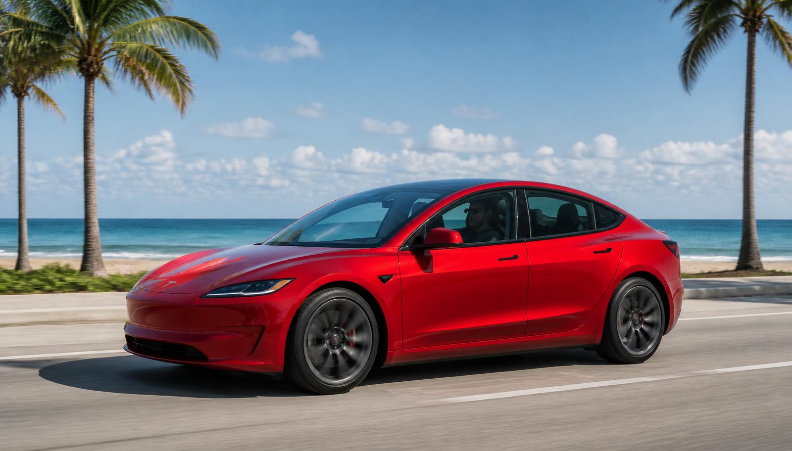 Tesla Model 3 driving along the beach - Instajob Tesla Campaign